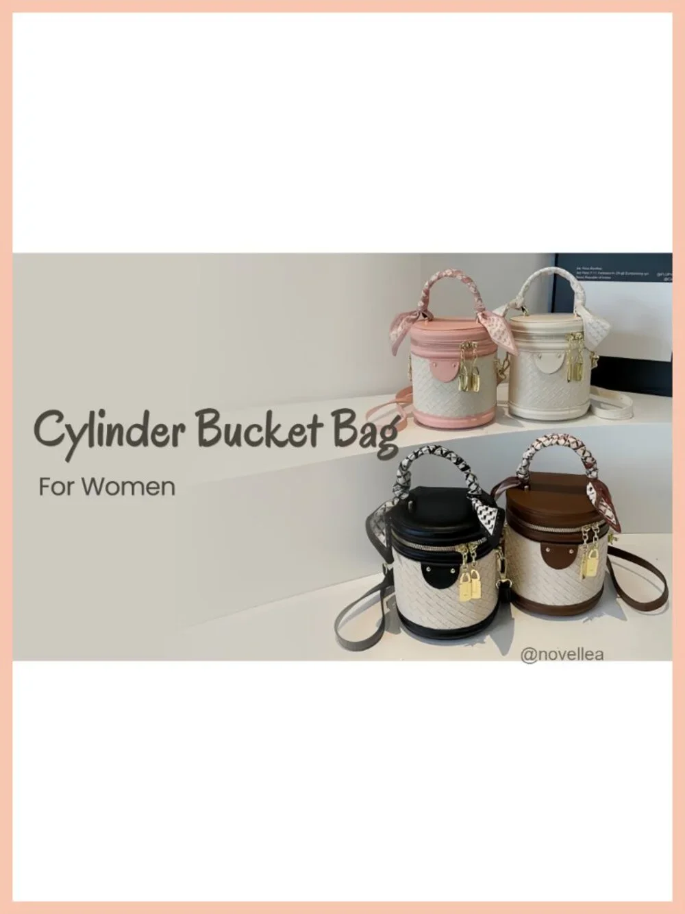 Women's Vegan Leather Woven Mini Bucket Crossbody Bag Purse with Scarf Handle